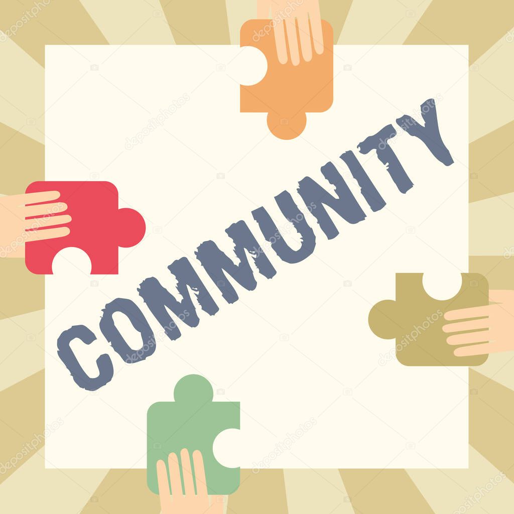 Text showing inspiration Community. Word for specific population with a common characteristics living together Illustration Of Hands Holding Puzzle Pieces Each Sides Of Box.