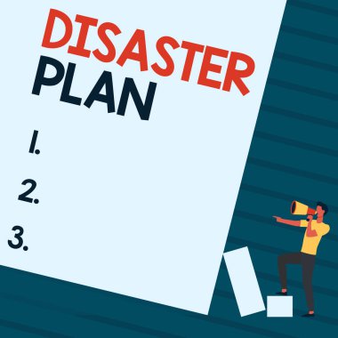 Kavramsal Başlık Felaket Planı. İş Fikri Acil Durum Hazırlık Hayatta Kalma ve İlk Yardım Çantası Bekleyen Megafon Çizimi Boş Duvarı Gösteriyor.