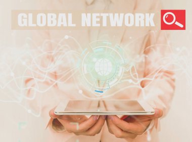 Global Network işaretini gösteren bir ilham kaynağı. Tüm Dünyalı Kadın Üniformasını Geleceğin Mobil Holografik Ekranı ile genişletecek herhangi bir iletişim sistemi.