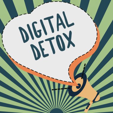 Dijital Detox sunan metin başlığı. Elektronik Aygıtlardan Kurulmamış İşletme Gösterisi Yeni Duyurular Yapan Gürültülü Megafon Hoparlörünün Bağlantısı Kesildi