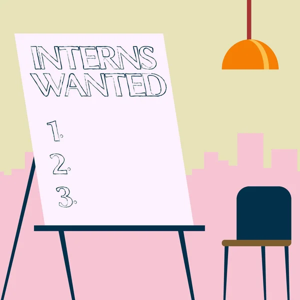 Text showing inspiration Interns Wanted. Business concept Looking for on the job trainee Part time Working student Empty Portrait Artwork Design With Skyscrapers Behind Showing Art Subject. — Stockfoto
