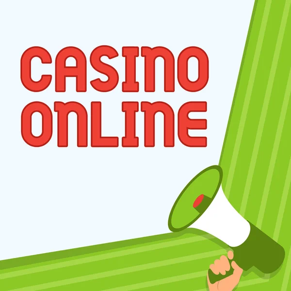 Conceptual caption Casino Online. Business showcase Computer Poker Game Gamble Royal Bet Lotto High Stakes Illustration Of Hand Holding Megaphone Making Wonderfull Announcement. — стоковое фото