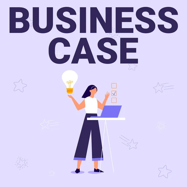 Teken het tonen van Business Case. Business idee voorstel onderneming mondelinge presentatie nieuwe taak illustratie van meisje met behulp van laptop met ideeën en het maken van checklist. — Stockfoto