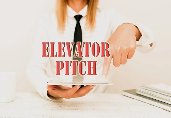 Text caption presenting Elevator Pitch. Business showcase A persuasive sales pitch Brief speech about the product Developer Discussing Gadget Upgrade, Presenting Technical Specs — Fotografia de Stock