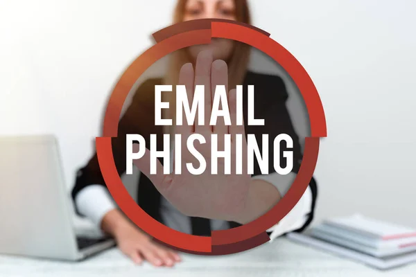 Signo de texto que muestra Email Phishing. Enfoque empresarial Emails que pueden enlazar a sitios web que distribuyen malware Asistente de instrucciones y consejos de formación, Discusión de un nuevo trabajo — Foto de Stock