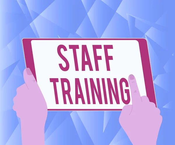 Handwriting text Staff Training. Business showcase A program that helps employees to learn specific knowledge Illustration Of A Hand Using Tablet Searching For New Amazing Ideas. — Foto Stock