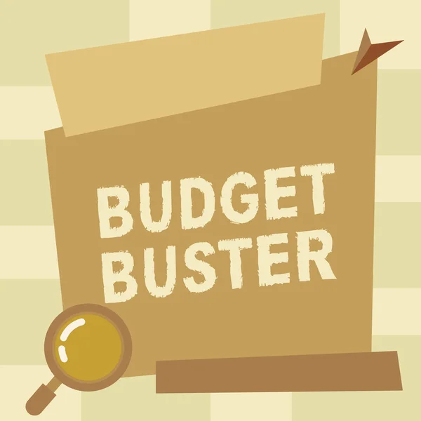 Handwriting text Budget Buster. Concept meaning Carefree Spending Bargains Unnecessary Purchases Overspending Magnifying Glass Drawing Searching Evidence In Blank Billboard. — Stockfoto