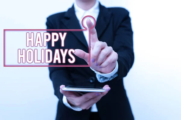 Writing displaying text Happy Holidays. Business approach Made a short journey by a group of showing for pleasure Presenting New Technology Ideas Discussing Technological Improvement — Stockfoto