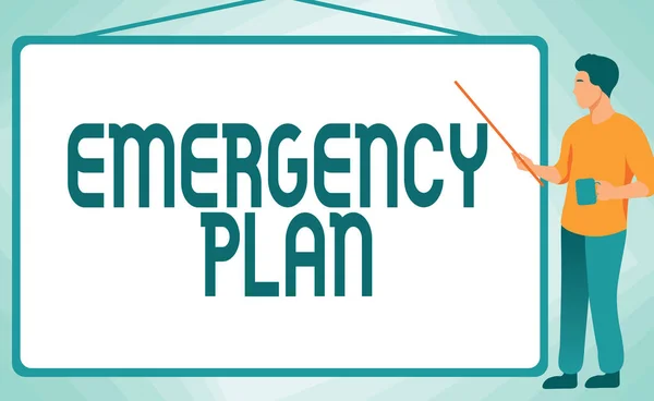 Writing displaying text Emergency Plan. Word Written on Procedures for response to major emergencies Be prepared School Instructor Drawing Pointing Stick Whiteboard While Holding Cup. — Stock Photo, Image