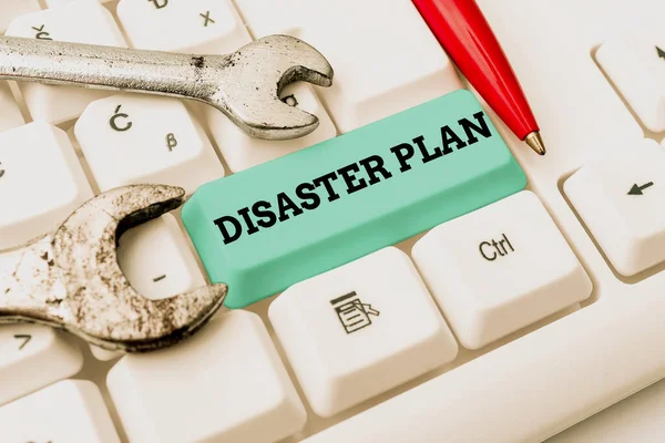 Sign displaying Disaster Plan. Concept meaning Respond to Emergency Preparedness Survival and First Aid Kit Writing Comments On A Social Media Post, Typing Interesting New Article — Fotografia de Stock