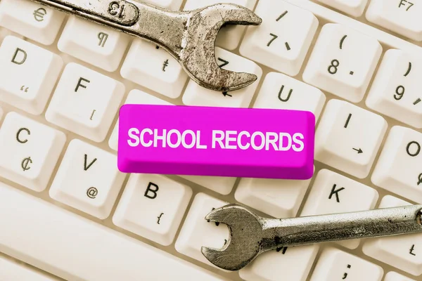Inspiration showing sign School Records. Business idea Information that is kept about a child at school Biography Typing And Publishing Descriptions Online, Writing Informative Data — Fotografia de Stock