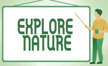 Metin işareti doğayı keşfetmeyi gösteriyor. Kırsal kesimin keşfi iş görüşü Yaban Hayatı Seyahat Okulu Eğitmeni Pointing Stick Beyaztahtası çizerken Kupa 'yı tutuyor.