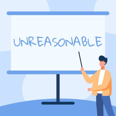 Mantıksız olduğunu gösteren mesaj işareti. İş yaklaşımı kabul edilebilirlik ve adillik sınırlarının ötesinde Ceketli Uygunsuz Öğretmen Çizim Çubuğu Whiteboard 'a.