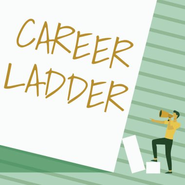 Metin başlığı Kariyer Merdiveni sunar. Konsept, İş Tanıtımı Profesyonel İlerleme Yükselme Hareketli Başarı Adam Duran Çizim Tutucu Megafon Boş Duvar.