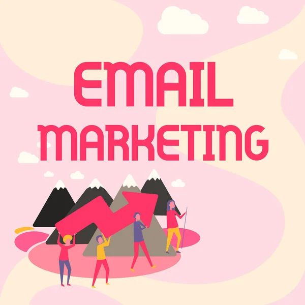 Conceptual display Email Marketing. Business concept Sending a commercial message to a group of showing using mail Four Colleagues Illustration Climbing Mountain Holding Large Arrow. — 图库照片