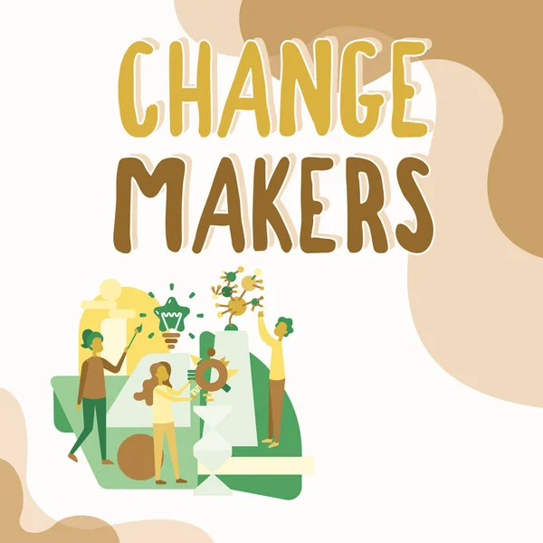 Text caption presenting Changemakers. Conceptual photo Young Turk Influencers Acitivists Urbanization Fashion Gen X Three Collagues Illustration Practicing Hand Crafts Together. — Stockfoto