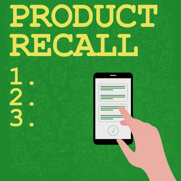 Conceptual caption Product Recall. Word for Request by a company to return the product due to some issue Illustration Of Hand Using Smart Phone Texting New Important Messages. — Stockfoto