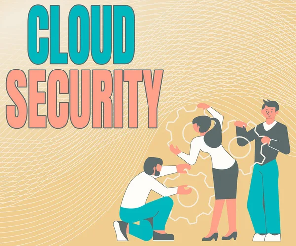Χειρόγραφο κείμενο Ασφάλεια Cloud. Επιχειρηματική βιτρίνα Προστατέψτε τις αποθηκευμένες πληροφορίες ασφαλή ελεγχόμενη τεχνολογία Εικονογράφηση ενός ομίλου που κατέχουν γρανάζι Βοηθώντας ο ένας τον άλλο για την εργασία τους. — Φωτογραφία Αρχείου