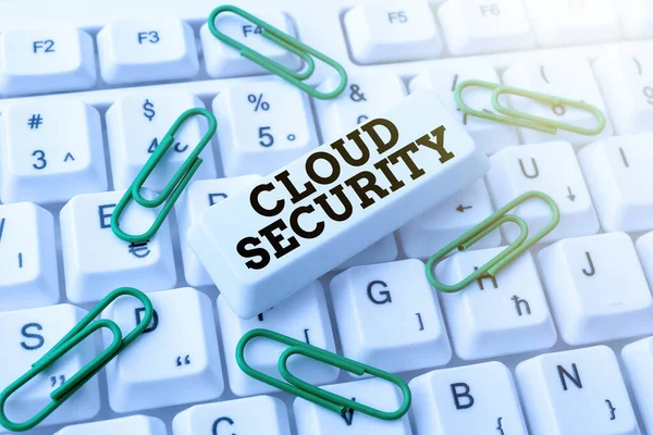 Sign displaying Cloud Security. Business overview Protect the stored information safe Controlled technology Transcribing Online Voice Recordings, Typing And Recording Important Notes — 图库照片