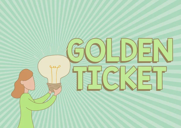 Kézírás tábla Golden Ticket. Business showcase Eső Check Access VIP Passport Box Office Seat Event Lady Standing Drawing Holding Light Up Új ötletek mutatása. — Stock Fotó