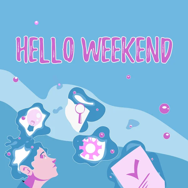 Konceptuální zobrazení Hello Weekend. Obchodní nápad Útěk Dobrodružství Pátek Pozvánka na odpočinek Pozvánka Ilustrace muže stojící přichází s novými úžasnými nápady — Stock fotografie