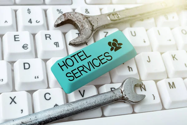 Conceptual caption Hotel Services. Internet Concept Facilities Amenities of an accommodation and lodging house Typing Character Background Story, Creating New Social Media Account — Stock Photo, Image