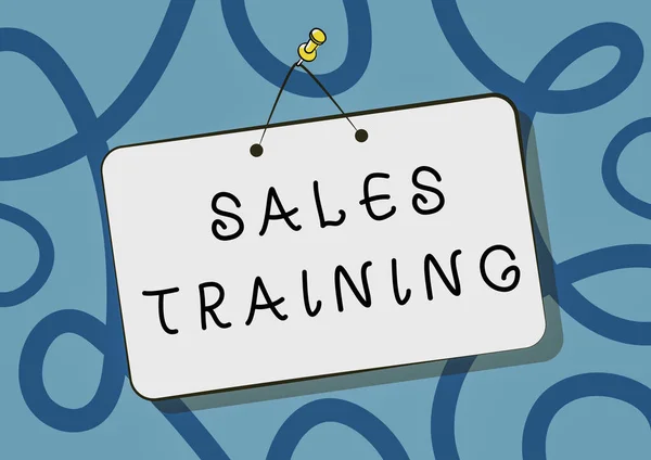 テキストの販売トレーニングを表示する書き込み。ビジネスアイデアアクション販売市場の概要個人開発空の書き込みスペースでピン留めドア看板図面. — ストック写真