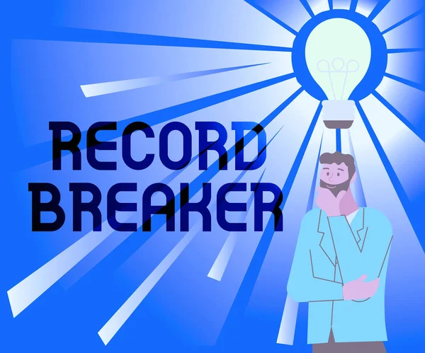 Text sign showing Record Breaker. Internet Concept someone or something that beats previous best result Illustration Of A Man Standing Coming Up With New Amazing Ideas. — Foto Stock