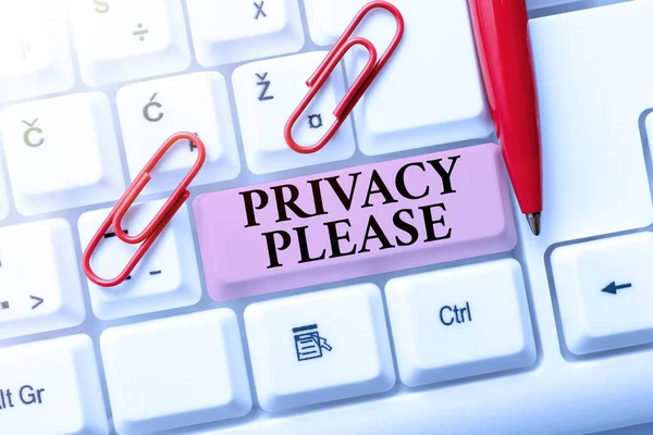Text showing inspiration Privacy Please. Business idea asking someone to respect your personal space Leave alone Typing Firewall Program Codes, Typewriting Rules And Regulations Book — Fotografia de Stock