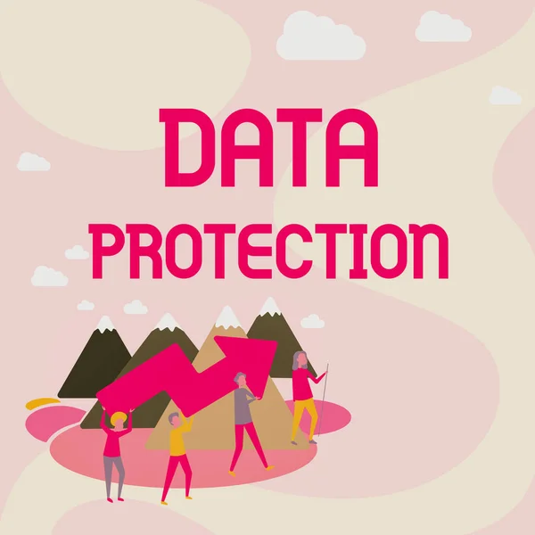 Writing displaying text Data Protection. Internet Concept Protect IP addresses and personal data from harmful software Four Colleagues Illustration Climbing Mountain Holding Large Arrow. — Stockfoto