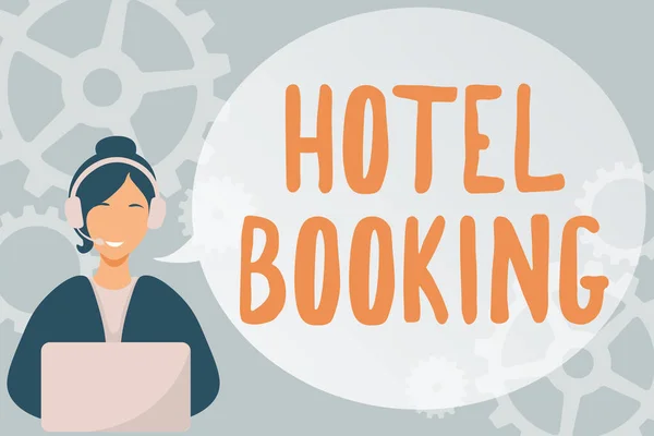 Text som visar inspiration Hotel Booking. Business showcase Bokningar Presidentsvit De Luxe Gästfrihet Lady Call Center Illustration Med Hörlurar Tal Bubbla Samtal. — Stockfoto