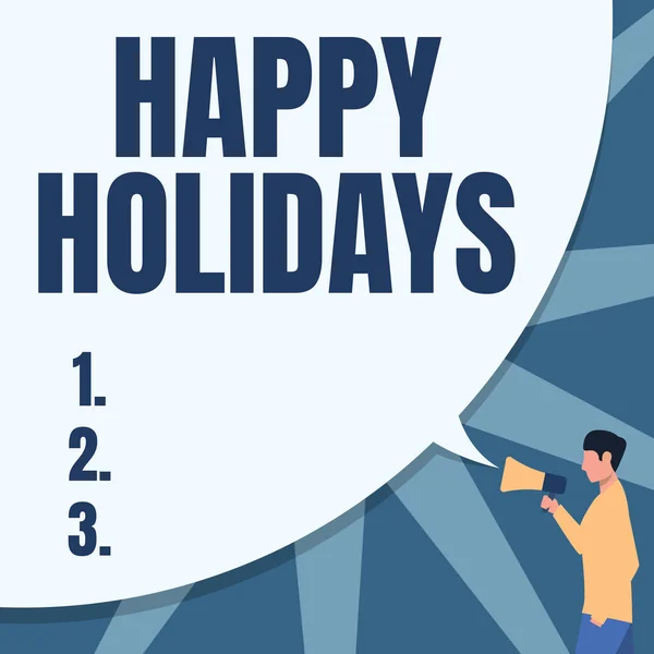 Hand writing sign Happy Holidays. Business approach Made a short journey by a group of showing for pleasure Man Drawing Hand In Pocket Holding Megaphone With Large Speech Bubble. — Stockfoto