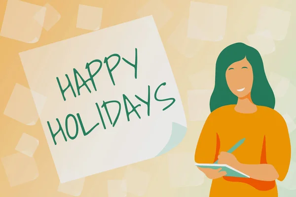 Text sign showing Happy Holidays. Business showcase Made a short journey by a group of showing for pleasure Typing New Student Workbooks, Creating And Publishing Online Ebook — Stock Photo, Image