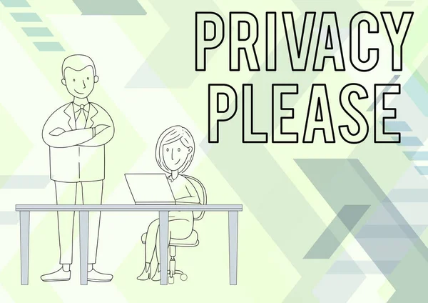 Sign displaying Privacy Please. Concept meaning asking someone to respect your personal space Leave alone Man Standing Crossed Arms Watching Sitting Woman Using Laptop. — Foto Stock