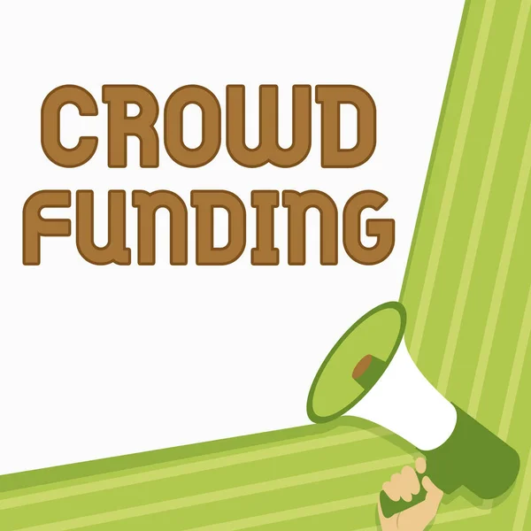 Exhibición conceptual Crowd Funding. Concepto de negocio Fundraising Kickstarter Startup Pledge Platform Donaciones Ilustración del Megáfono de Mano Que Hace Maravilloso Anuncio. — Foto de Stock