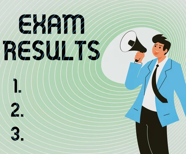 Text caption presenting Exam Results. Word Written on An outcome of a formal test that shows knowledge or ability Illustration Of A Man Pointing Away Holding Megaphone Making New Announcement — Foto Stock