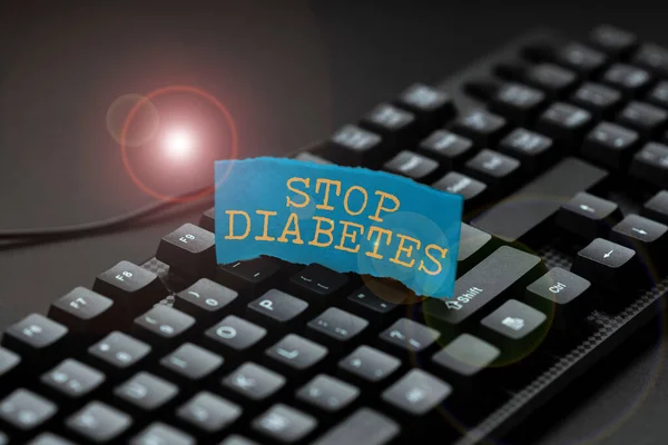 Text caption presenting Stop Diabetes. Word for Blood Sugar Level is higher than normal Inject Insulin Word Processing Program Ideas, Logging Programming Updates Concept