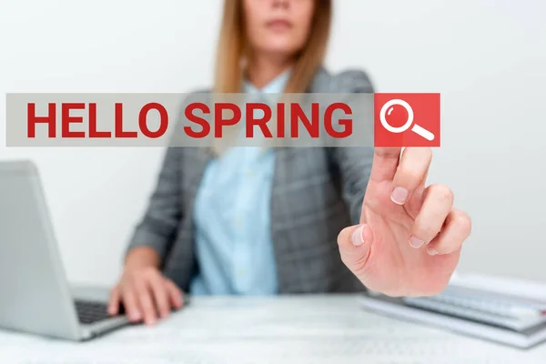 Schrijven met tekst Hello Spring. Zakelijke aanpak Verwelkomen van het seizoen na de winter Bloeien van bloemen Het geven van nieuwe hires Company Introductie, Het verklaren van Zakelijk Beleid — Stockfoto