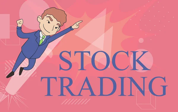 Segno di testo che mostra Stock Trading. Panoramica aziendale Comprare e vendere titoli elettronicamente sul pavimento Exchange Man Disegno in uniforme in piedi Indicazione verso l'alto Visualizza Leadership. — Foto Stock