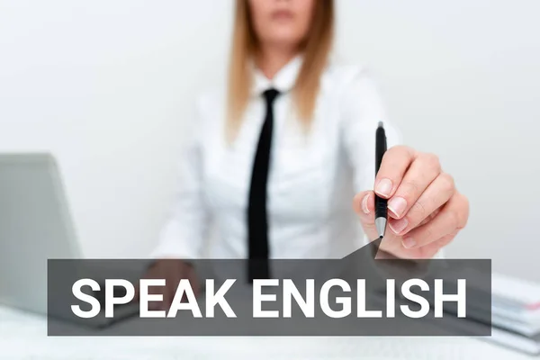 Text sign showing Speak English. Conceptual photo Study another Foreign Language Online Verbal Courses Teaching New Ideas And Designs, Abstract Professor Giving Lectures — 图库照片