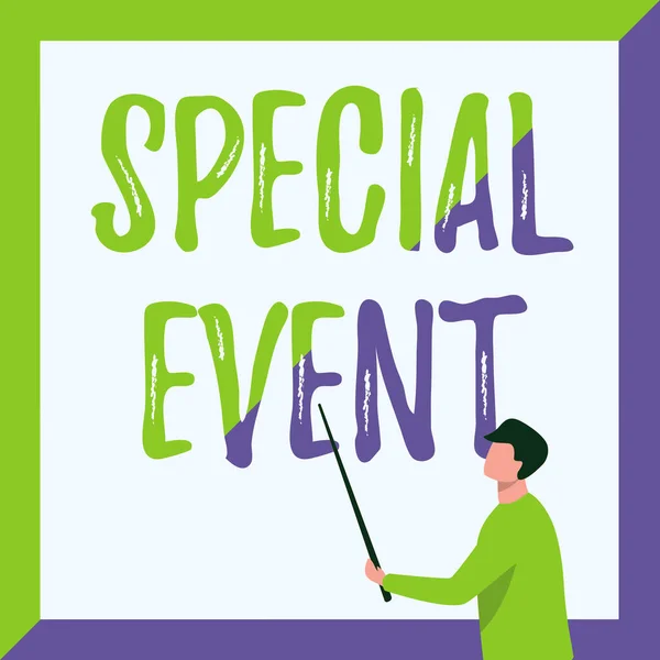 Text sign showing Special Event. Business idea Function to generate money for non profit a Crowded Occassion Instructor Drawing Holding Stick Pointing Board Showing New Lessons. — Stockfoto