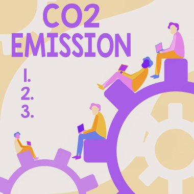 İlham, CO2 emisyonunu gösteriyor. Sera gazlarının atmosfere salınması için kullanılan kelime. Dört takım arkadaşı Oturan Dişlileri Çiziyor Dizüstü bilgisayarları kullanarak İlerleme kaydediyor..