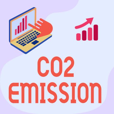 Metin başlığı CO2 emisyonunu temsil ediyor. Dizüstü bilgisayarın zaman içinde atmosfere sera gazı salınımı üzerine yazılan kelime Grafik Büyüme Ekranı Gösterme Ekranı.