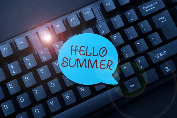 Hand writing sign Hello Summer. Concept meaning Welcoming the warmest season of the year comes after spring Abstract Typing New Business Slogan Message, Writing Market Strategies — Foto Stock