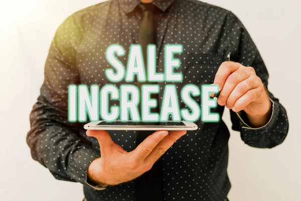 Sign displaying Sale Increase. Word Written on Average Sales Volume has Grown Boost Income from Leads Presenting New Technology Ideas Discussing Technological Improvement — Fotografia de Stock