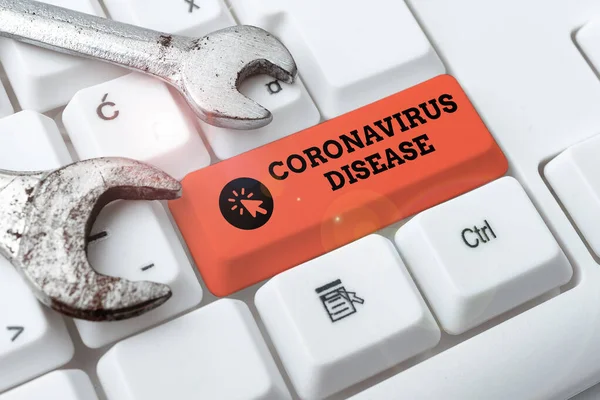Знак тексту, що показує хворобу Коронавіруса. Бізнес-шоу визначене як хвороба, спричинена новим вірусом SARSCoV2, що зв'язується з онлайн-друзями, роблячи бухгалтерію в Інтернеті — стокове фото