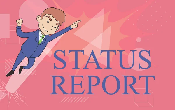 Inspiration showing sign Status Report. Business approach Update Summary of situations as of a period of time Man Drawing In Uniform Standing Pointing Upward Displaying Leadership. — Foto Stock