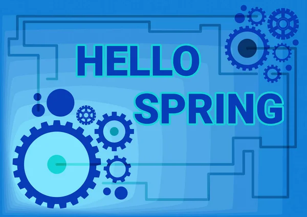Text sign showing Hello Spring. Internet Concept Welcoming the season after the winter Blossoming of flowers Illustration Of Mechanic Gears Connected To Each Other Performing Work — Stock Photo, Image