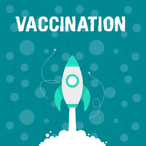 Текст, показывающий вдохновение вакцинации. Слово для лечения, которое делает тело сильнее против инфекции Иллюстрация ракетного корабля, запускающего быстро прямо в космос. — стоковое фото