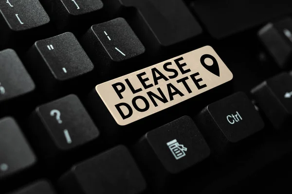 Text showing inspiration Please Donate. Business overview Supply Furnish Hand out Contribute Grant Aid to Charity Converting Analog Data To Digital Media, Typing Forum Helpful Tips — Stockfoto